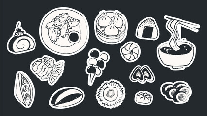 Hand drawn Japanese food stiker set in crayon line style. Collection of sushi, ramen, onigiri, dumplings and traditional desserts. Perfect for menu design, restaurant branding and Asian food projects.