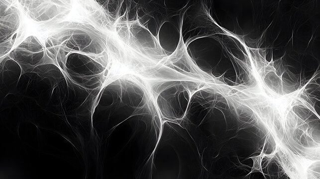 Futuristic White Fiber Network Flow on Black Background, Abstract Neural Web Texture, High Contrast Digital Energy Lines