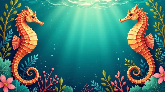 Oceanic Seahorse Duo An Underwater Paradise Depicted with Vibrant Marine Life and Intricate Floral Designs