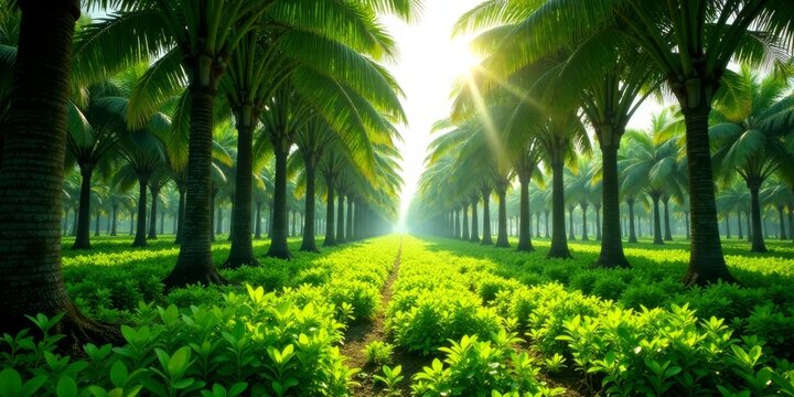 Serene Pathway Through a Lush Plantation of Palm Trees Bathed in Golden Sunlight