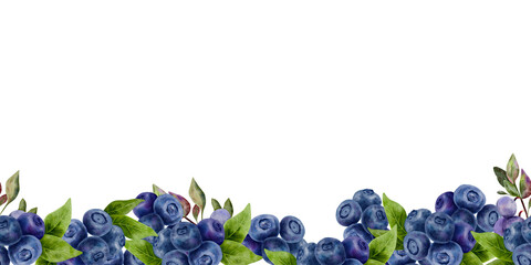 Blueberry bilberry, ripe forest berry with green leaves watercolor hand drawn. Seamless border garland illustration, for restaurant, cafe menu, wedding, farmers market