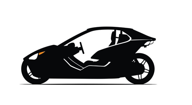 Sleek black silhouette of a futuristic three wheeled vehicle on a white background