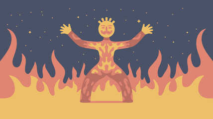 Fototapeta premium A vibrant illustration of a person surrounded by flames under a starry night sky with a peaceful expression.