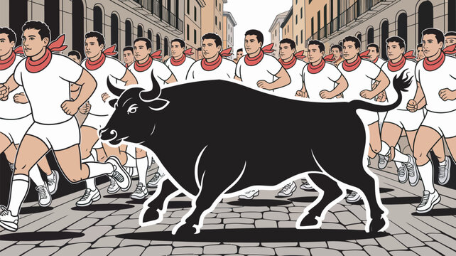 A group of men in white shirts and red bandanas running with a black bull in a city street