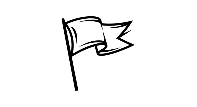 Black and White Flag Waving on Pole, Simple Line Art Icon, Vector Illustration