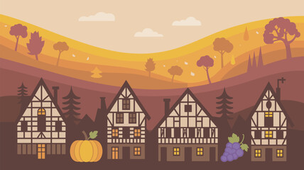 A picturesque village scene with traditional houses and a serene autumnal landscape at sunset