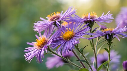 Obraz premium Macro shot of vibrant purple alpine asters with bright yellow centers, blooming in soft sunlight with a blurred green background.