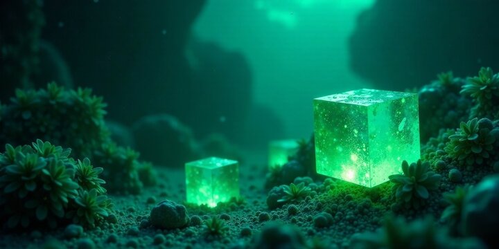 Luminous Green Cubes Resting on an Underwater Planetoid, Illuminated by Internal Light, Surrounded by Lush Aquatic Flora