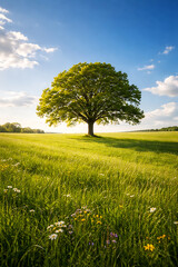 A beautiful lone tree standing tall in a vibrant green meadow under a blue sky