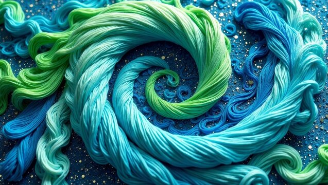 Abstract Swirling Threads of Teal, Turquoise, and Emerald Green Forming a Captivating Spiral Pattern on a Glittering Surface