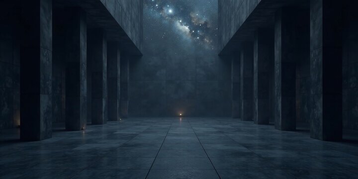 Serene Night Sky Illuminates a Dark Hallway with Tall Pillars and a Smooth Floor