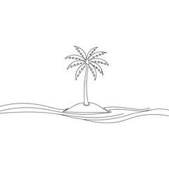 Obraz premium Minimalist Line Art Drawing of a Tropical Palm Tree on Island with Wavy Connecting Path