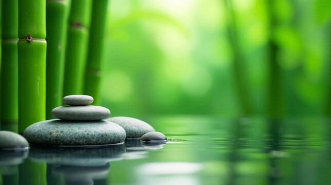 Serene stones balanced atop each other near tranquil water, reflecting the lush green bamboo forest background