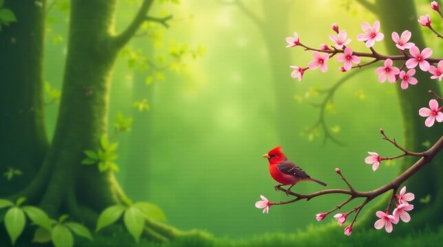 Serene Forest Scene A Vivid Crimson Bird Perched Gracefully on a Delicate Branch Adorned with Blooming Pink Flowers, Nestled Amongst Lush Green Foliage and Sunlight