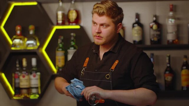 Young bartender mixing cocktails behind the bar counter