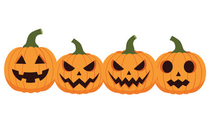 Set of four carved Halloween pumpkins, or jack-o'-lanterns, with various spooky and funny facial expressions on a white background.