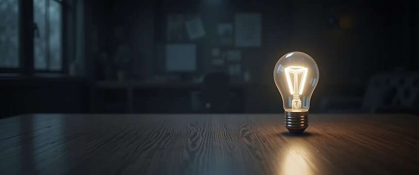 Light Bulb Shining on Wooden Desk in Dimly Lit Room