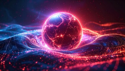 Obraz premium Abstract red and blue glowing energy core sphere, flowing particle grid, dynamic wave motion, high-tech digital visualization