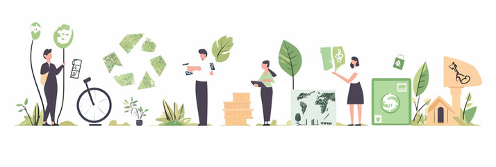 Fototapeta premium Eco friendly lifestyle concepts with people holding green items recycling bike environmental responsibility sustainable living flat vector illustration