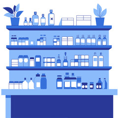 Fototapeta premium Pharmacy Shelves with Various Medicine Bottles, Boxes, Jars, and Decorative Potted Plants Flat Minimalist Vector Illustration of Drugstore Interior Display Stand