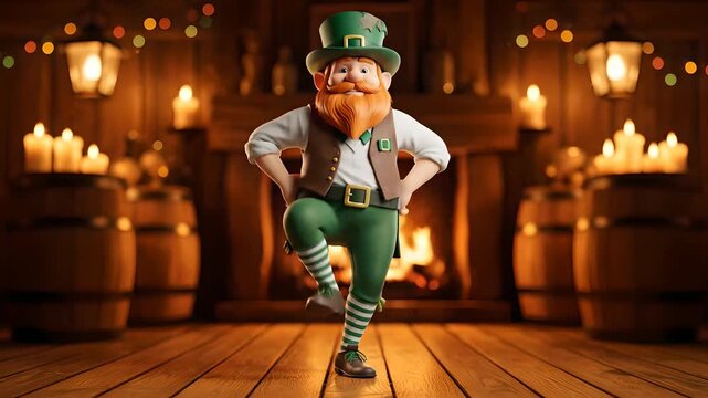 Animated leprechaun dancing a cheerful jig in a cozy Irish pub with a fireplace and barrels. Ideal for St. Patrick's Day promotions, Irish culture celebrations, pub advertisements,