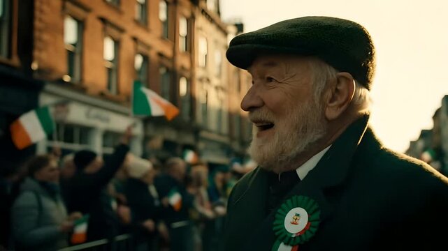Elderly Irish man with beard, flat cap, and green rosette joyfully claps and smiles at a vibrant St. Patrick's Day parade, public gathering, or cultural celebration,