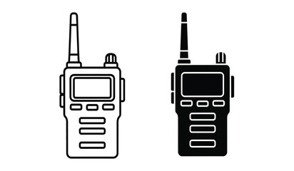 Two handheld radios with antennas and screens in black and white line art © rsvect02