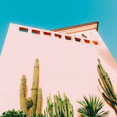 Sunlit pink desert villa with tall cactus garden against a crystal blue sky, minimalist architecture and summer vacation vibes in a warm tropical light   © Dawn