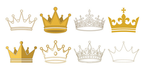 Collection of 8 regal crown illustrations in gold and silver © FARZANAAKTER