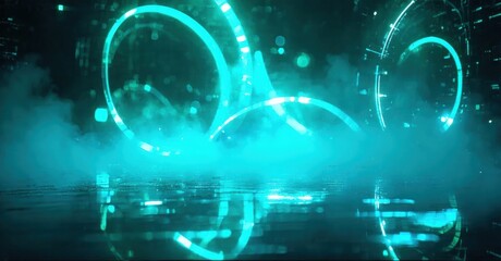 Obraz premium Futuristic scene. Glowing rings float above reflective surface. Blue light dominates dark background. Mysterious, ethereal atmosphere.