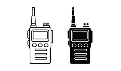Two handheld radios with antennas and screens in black and white line art © rsvect02