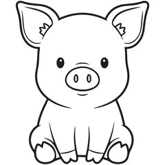 Obraz premium Cute cartoon piglet sitting in outline drawing style, black and white.