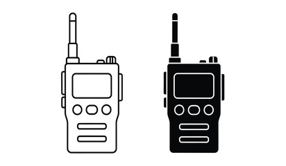 Two handheld radios with antennas and screens in black and white line art © rsvect02