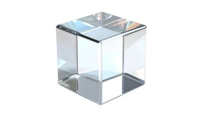 Fototapeta premium A clear, multi-faceted glass cube with reflections and refractions on a black background