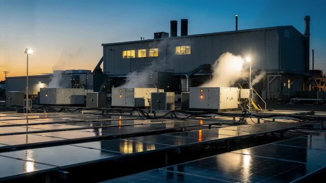 Evening lights medium shot of an integrated mill microgrid featuring illuminated solar panels and biomass generators emphasizing clean energy powering the newsprint facility at