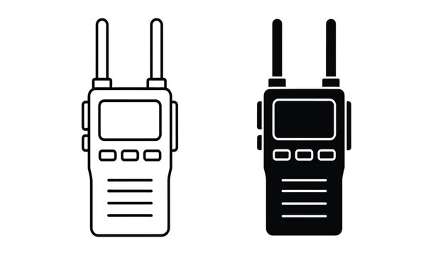Two way radios with antennas and screens in black and white line art