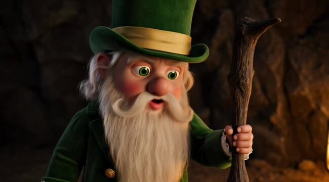 CGI Leprechaun Character Protecting Gold Coin Treasure Pile in Dark Cave Environment