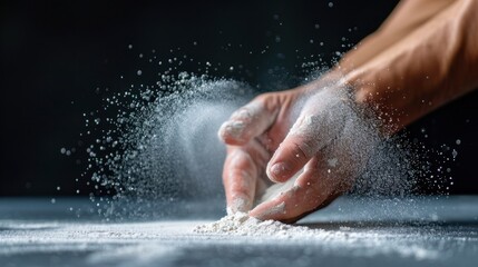 Fototapeta premium Hands Dispensing Flour with a Dusty Cloud Against a Dark Background in a Culinary Setting