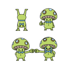 Obraz premium Cartoon mushroom characters with bow ties interacting in various poses with copy space