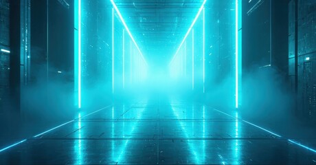 Fototapeta premium Futuristic corridor glows with vibrant blue light. Fog obscures distance, creating dramatic perspective. Metallic surfaces reflect illumination.
