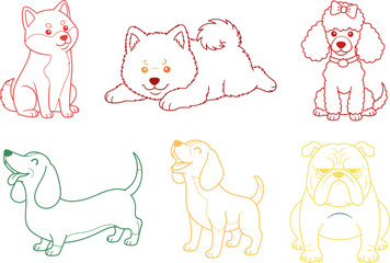 A Colorful Collection of Cartoon Dog Breeds: Shiba Inu, Pomeranian, Poodle, Dachshund, Beagle, Bulldog.