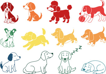 A Colorful Collection of Cute Cartoon Dogs in Various Poses