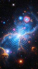Obraz premium Brilliant cosmic explosion radiates concentric light rings across a deep space field of stars and nebulae