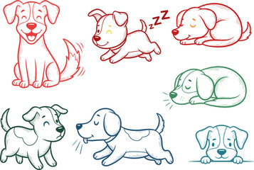 Cartoon Dog Illustrations: Happy, Sleeping, and Playful Pups in Various Poses and Colors