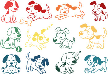 A playful collection of adorable cartoon dogs in various poses and colors.