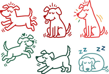 A playful illustration of dogs in various positions, expressing happiness and joy.