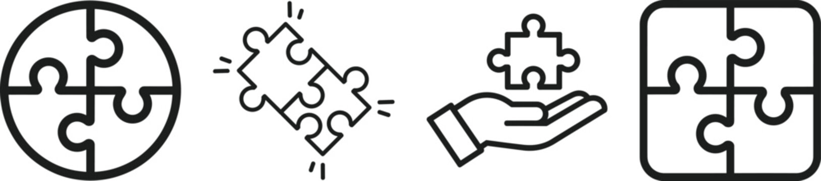 Puzzle Pieces Outline Icon Set with Jigsaw Elements in Round and Square Frames, Hand Holding Piece Symbol for Teamwork, Problem Solving, Integration and Business Collaboration Concept