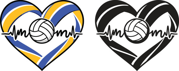 Volleyball Inside Heart with Pulse Line Vector Illustration