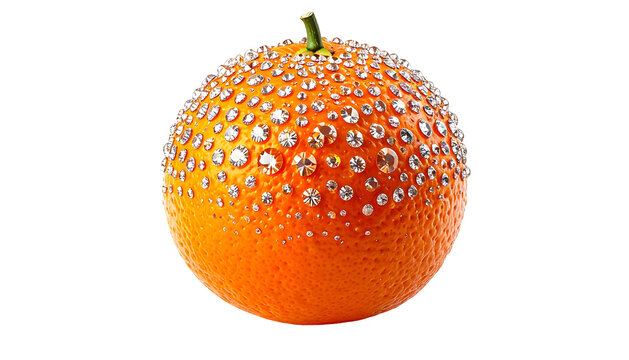 Vivid orange citrus fruit bedazzled with sparkling rhinestones against a dark background