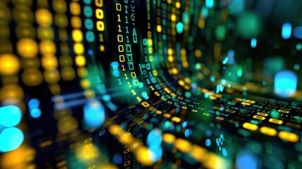 Obraz premium Colorful Abstract Digital Background with Fluid Binary Code Flowing Through a Futuristic Tunnel of Light